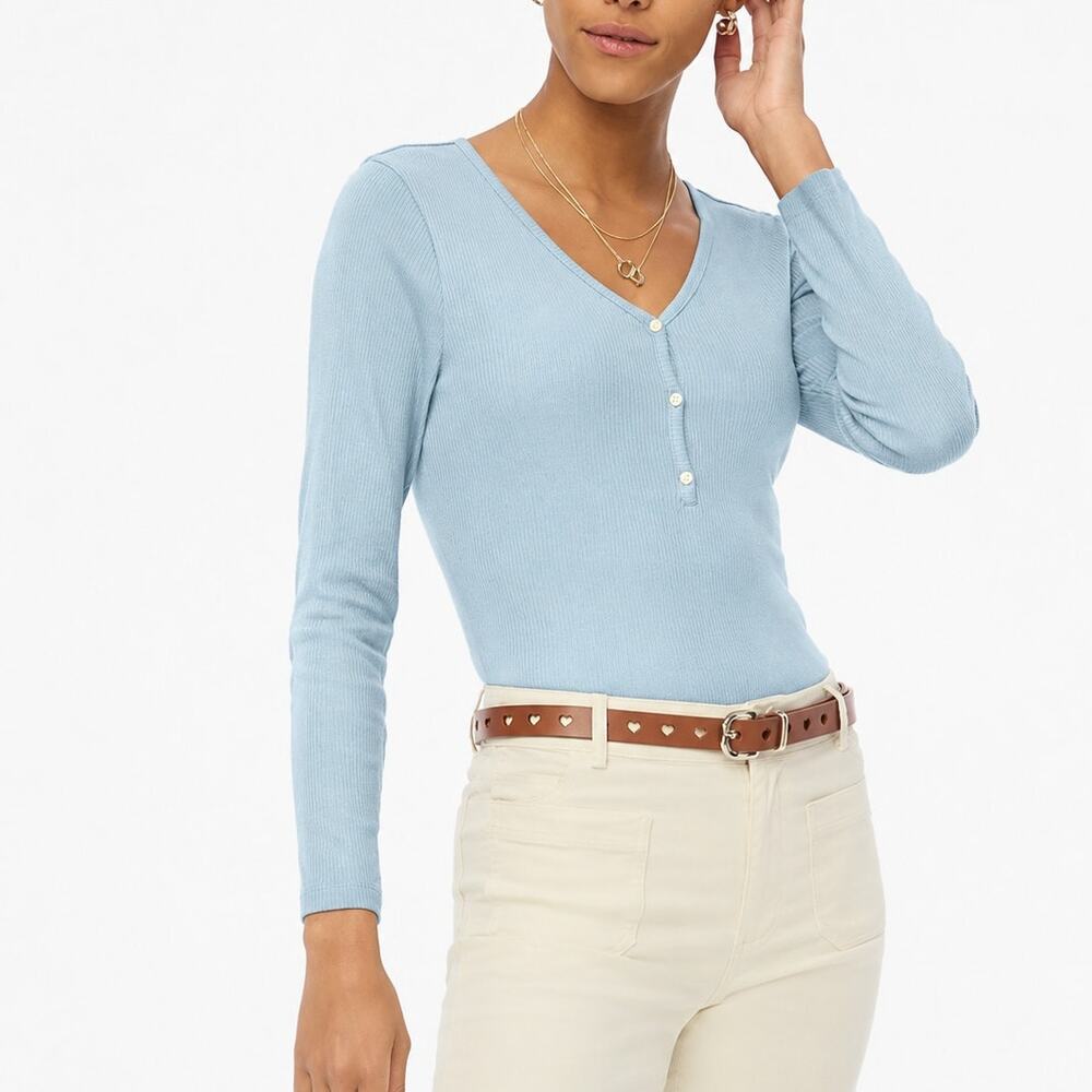 J. Crew Long Sleeve Button Henley Top Ribbed Chateau Blue CE314 Size XS